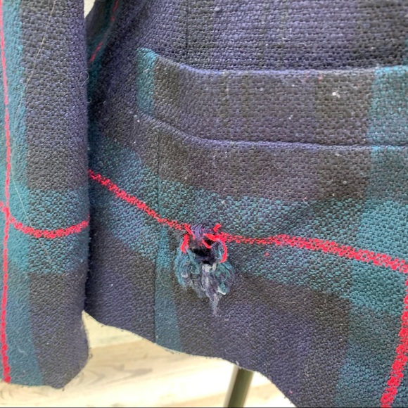 Vintage 80s Green Plaid Collared Velour V-Neck Button Down Long Sleeve Blazer - Picture 11 of 16